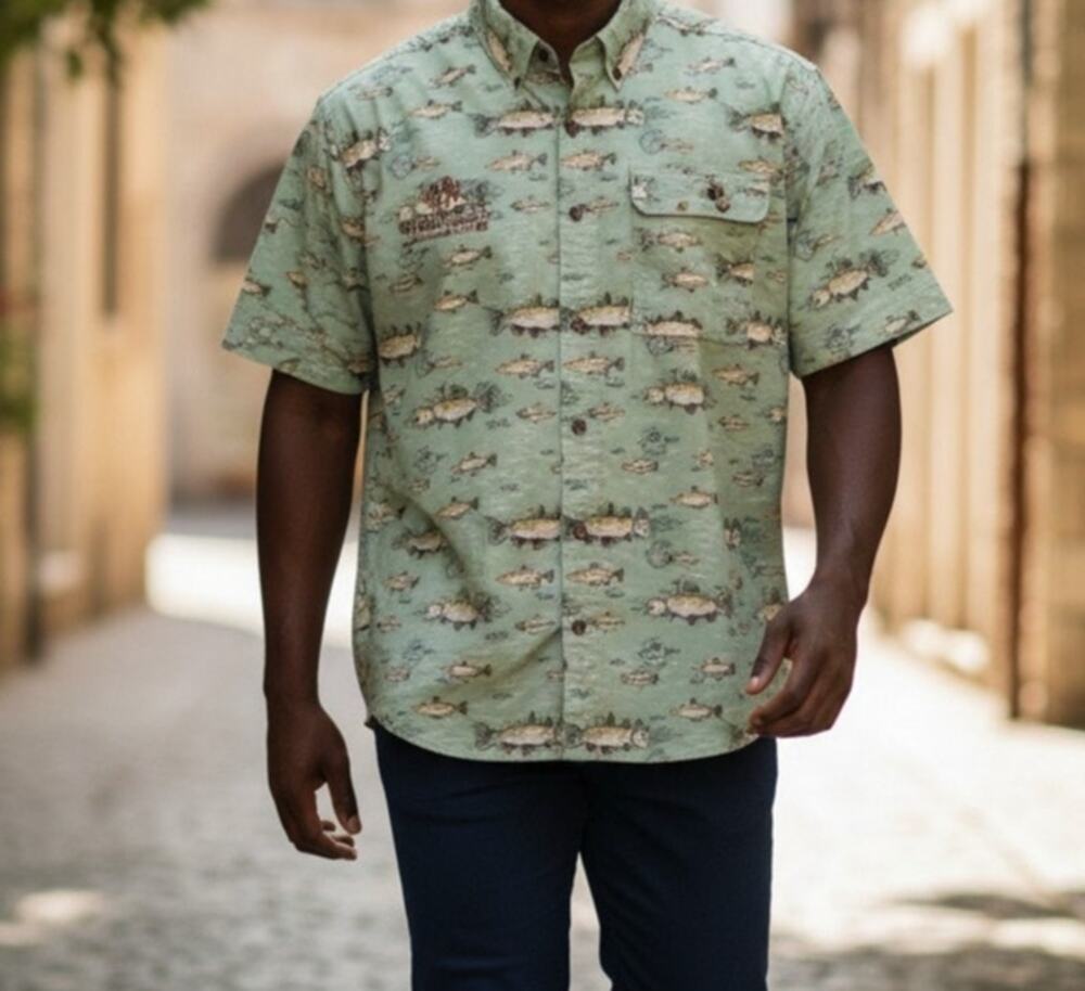 Ocean Journey Hawaiian Shirt Men's L Green Short Sleeve Button Up Aloha US West